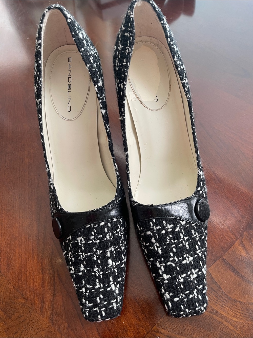Bandolino Black & White Tweed Pointed Pumps with Button Trim